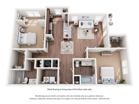 A 3D floor plan of a two-bedroom apartment with a kitchen, living room, and bathroom in Destin FL